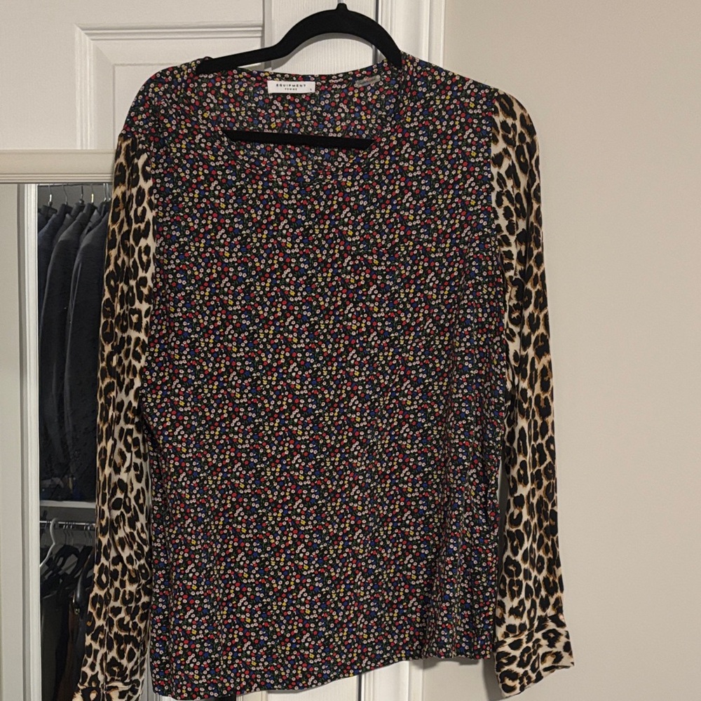 Equipment silk Multicolor Floral and Leopard Print Blouse